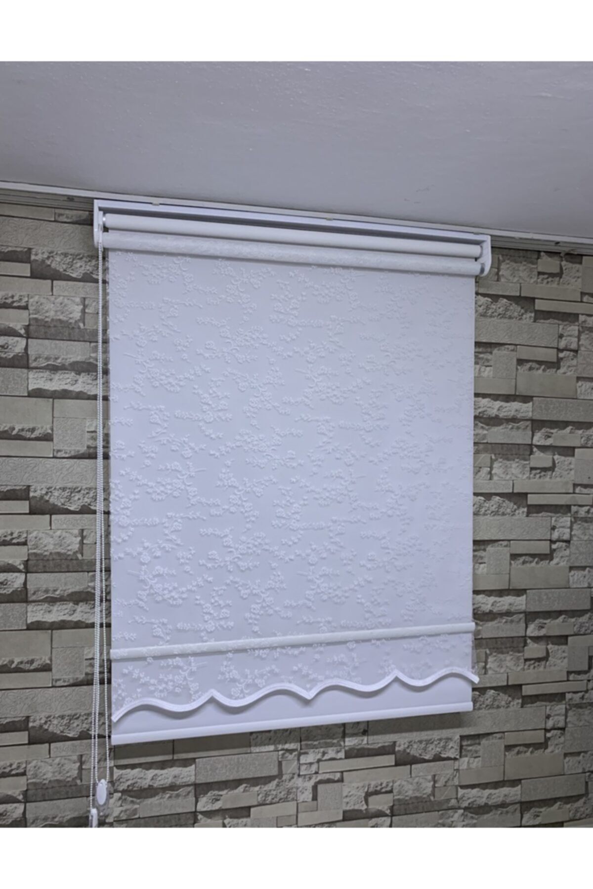PERDECİNİZ-Ivy Small Rose Patterned Double System Tulle Roller Blinds Cream Color (with Skirt) 7
