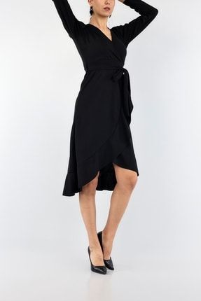 Kadın Siyah Etek Ucu Volanlı Kuşaklı Kruvaze Elbise 91184 LOOK-91184