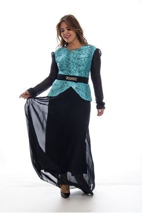 Büyük Beden Lacivert Dantel Detaylı Şifon Kadın Elbise F1-120691 F1-1206911