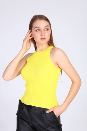 Sarı Kadın Halter Yaka Fitilli Crop Triko Bluz BLZ0073