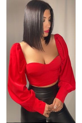 Kadın Kırmızı Bel Korsajlı Göğüs Kup Bluz TYC00318320399