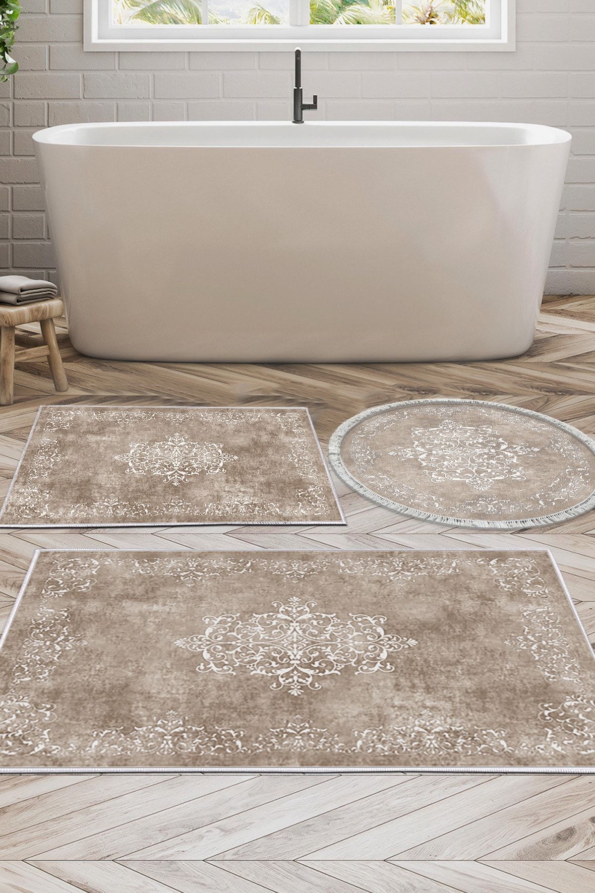 Alanur Home Set De Covorașe De Baie Cu Bază Anti-alunecare, Lavabilă, Din 3 Piese Eko Trend Djt 616 Clasic Bej - One Size
