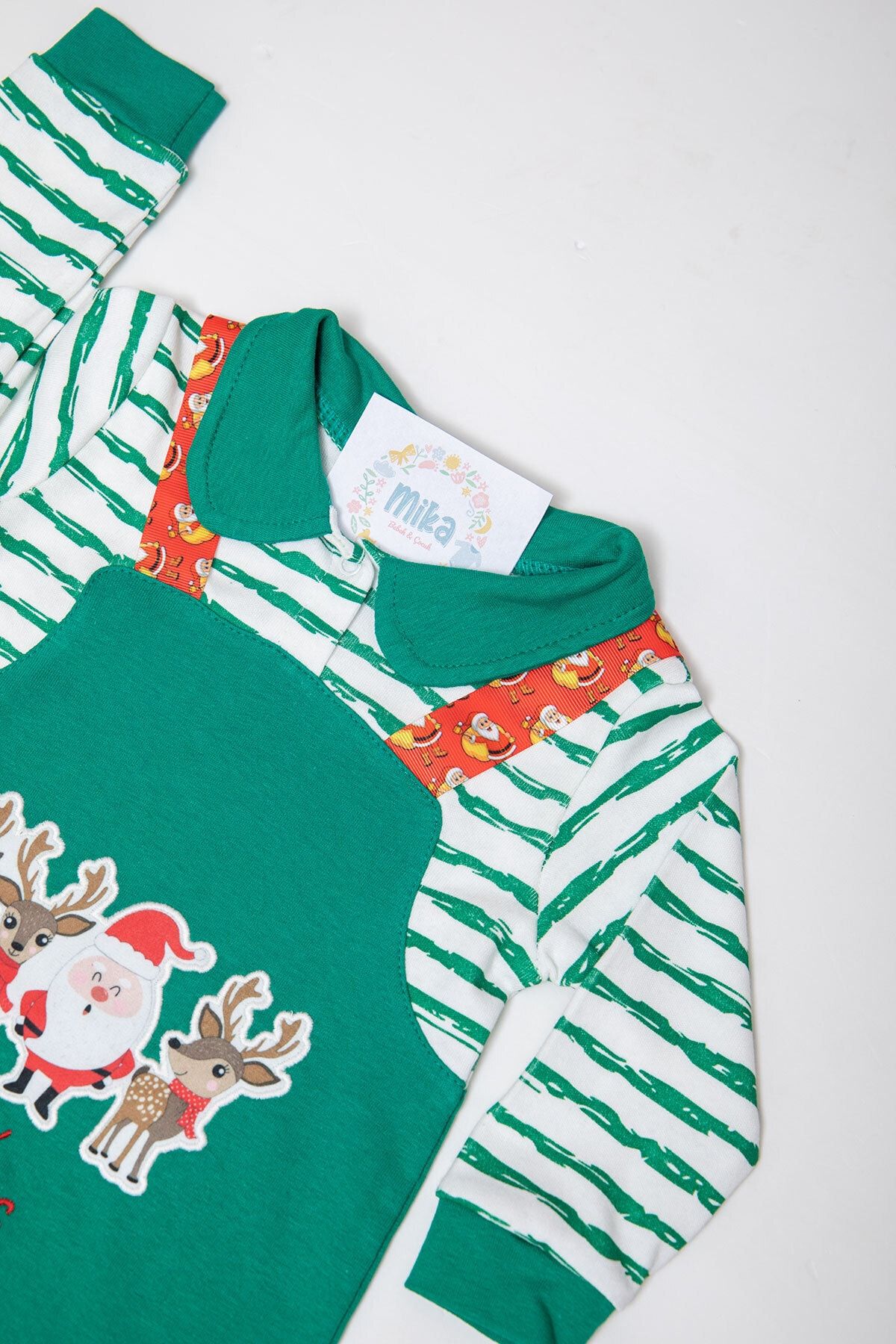 Mika Bebek & Çocuk-Unisex Green Jumpsuit with Rattle Booties and Santa Claus Deer Printed Salopet Look 2