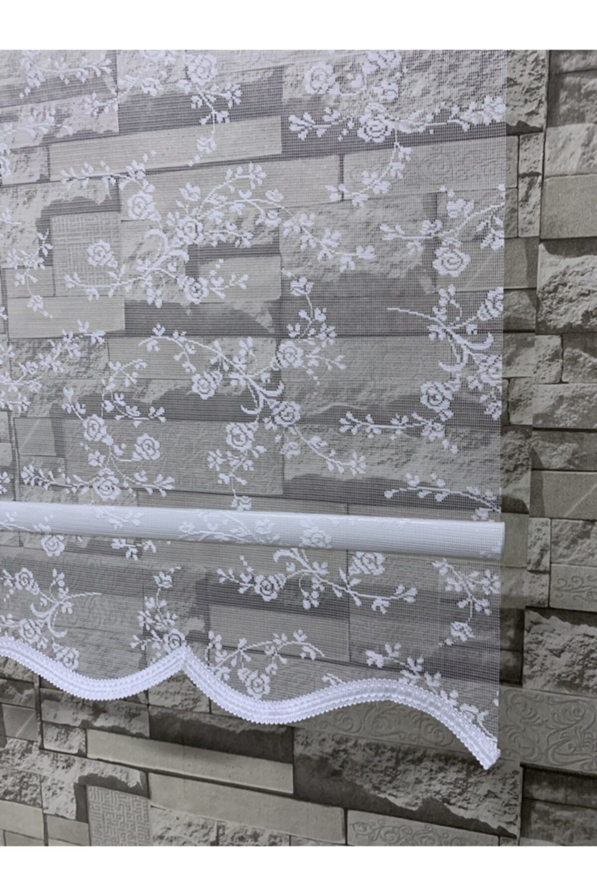 PERDECİNİZ-Ivy Small Rose Patterned Double System Tulle Roller Blinds Cream Color (with Skirt) 5
