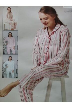 Kalın Çizgili Gömlek Yaka Önden Düğmeli Kadın Pijama Takımı EAGLE-3210KP