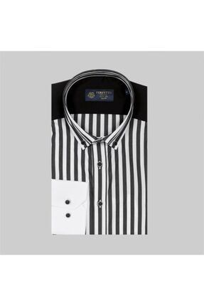 Erkek Çizgili Siyah Beyaz Slim Fit Gömlek 4905-02-00001