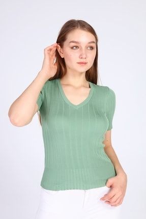 Kadın Mint V Yaka Yazlık Triko Bluz T-shirt BLZ0072