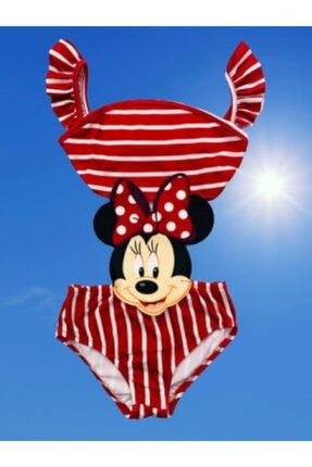 Kız Çocuk Mayokini Mickey Minnie Temalı Kırmızı Renk Kol Fırfırlı - Son Sezon Kostüm Mayo 2022 lolbeachwear