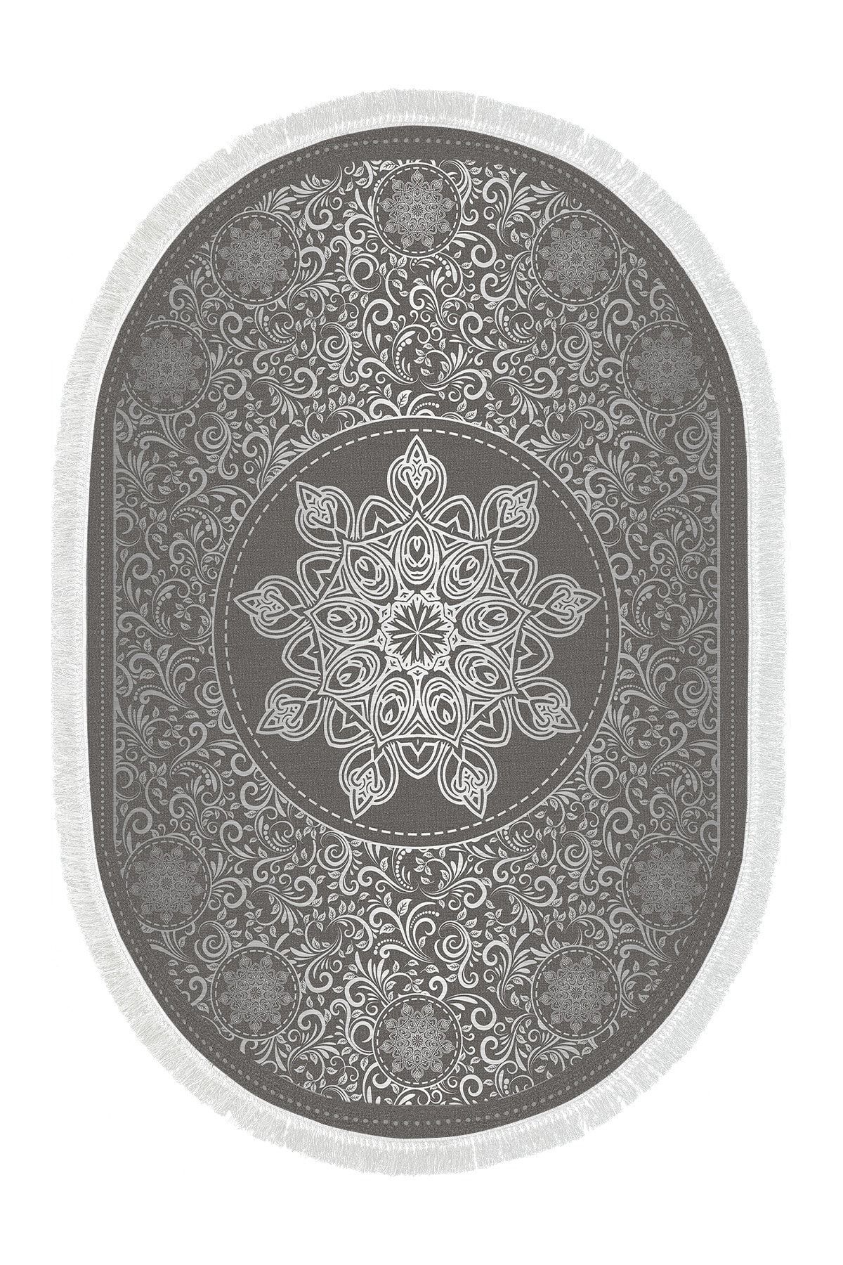 Alanur Home-Eko Trend Djt 2 Piece Washable Base Oval Bathroom Mat 1448 Ottoman Silver (60 X 100 - 50 X 60) 2