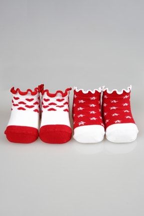 Kız Bebek Kalp Ve Yıldız Desen Kırmızı Ve Beyaz Renk Pamuklu Çorap 2'li Set m0c0101-1314