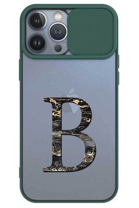 Iphone 13 Pro Max Uyumlu Kılıf Kayan Lens Kamera Korumalı Koyu Yeşil - Mermer B Harfli ip13promax.lenns424