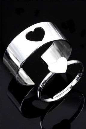 Kalp Figürlü Gümüş Renk Lak Kaplama Ayarlanabilir 2'li Çift Yüzük LBUNSXYZKST8682712020594