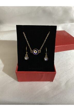 Altın Kaplama Nazar Boncuklu Küpe Ve Kolye Seti 9284738482849