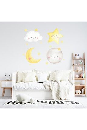 Mutlu Ay Yıldız Bulut Dünya Çocuk Odası Duvar Sticker d2510
