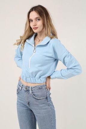 Kadın Mavi Renk Fermuarlı Sweatshirt GZ-1064