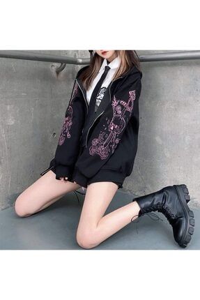 Harajuku Kawaii Pastel Gothic Siyah (unisex) Fermuarlı Kapşonlu Sweatshirt los123789