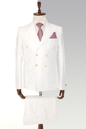 Sivri Yaka Metal Düğmeli Çift Yırtmaç Slimfit Düz Beyaz Kruvaze Takım Elbise TKM-5820
