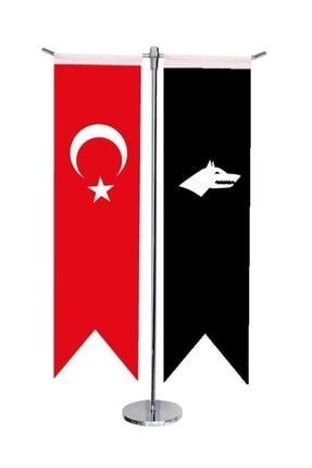 Masa Üstü Kırlangıç Siyah Göktürk + Türk Bayrağı + Krom T Direk Masa Bayrak Seti 9789317745315