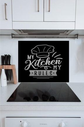 50x60 Cm My Kitchen Siyah Şapka Desenli Cam Ocak Arkası Koruyucusu TM.04.CM1894