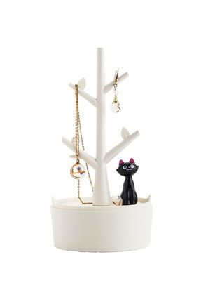 Kedili Mücevher Kutusu Beyaz Gövde - Siyah Kedi 10*10*19.3 Cm LC05020
