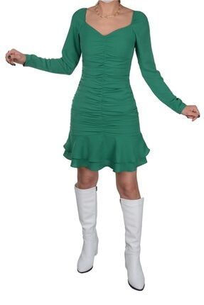 Yeşil Büzgü Detaylı Elbise 21K105880001-27