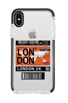 Iphone Xs Max Uyumlu London Ticket Desenli Anti Shock Premium Silikonlu Siyah Kenar Detaylı Kılıf londoncstfyxsmax
