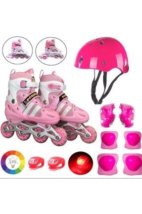 Pembe Işıklı Teker Ayarlanabilir Çocuk Alıştırma Paten 2 Fonksiyon Çakarlı Kask Dizlik Set TYC00173287733