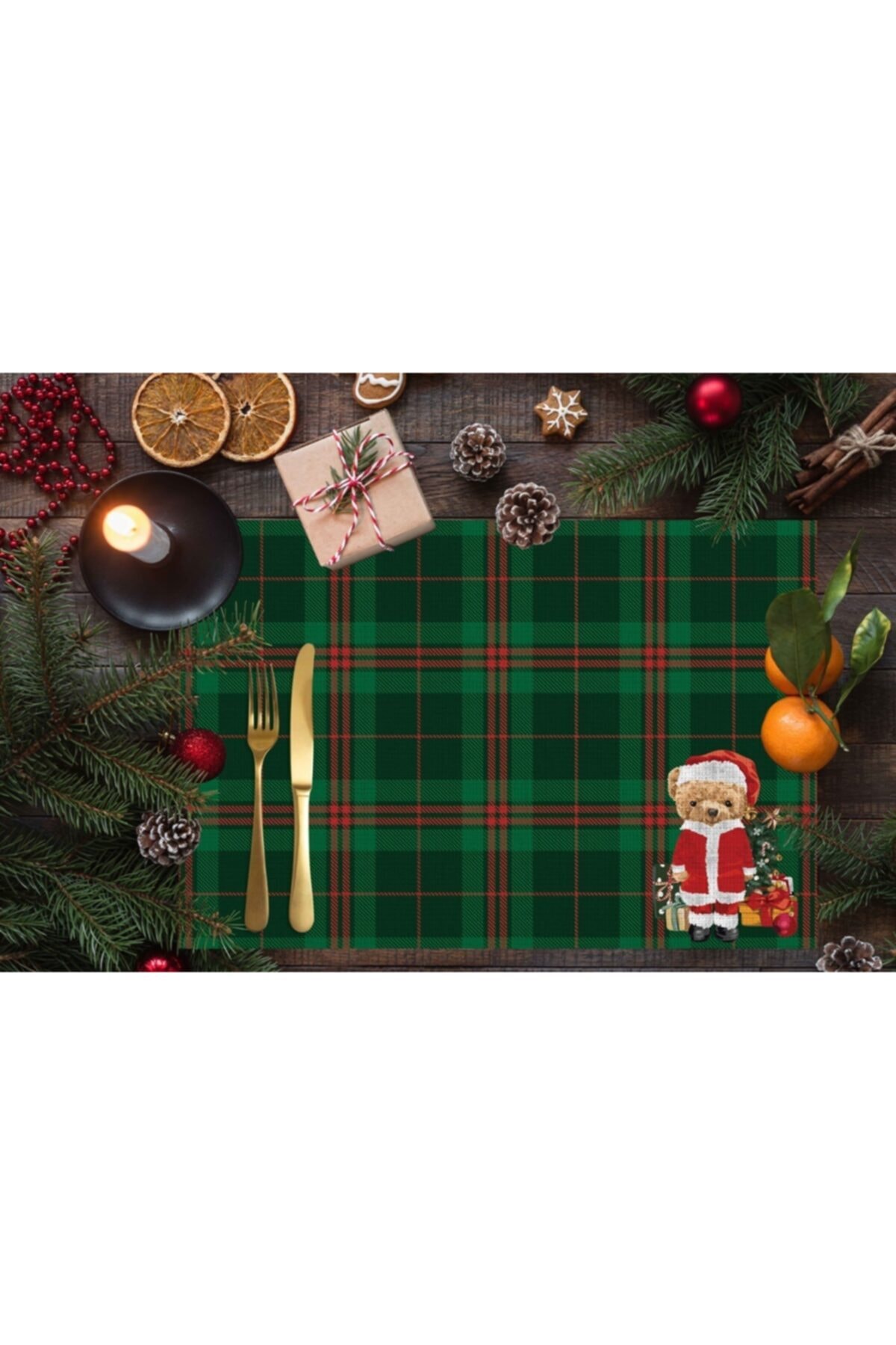 Adawall Yılbaşı Temalı Santa Teddy Kumaş Amerikan Servis 4'lü Set 50x35cm