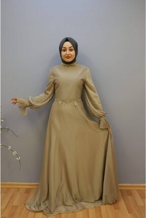 Kadın Beli Ve Kolu Güpür Detaylı Şifon Abiye Elbise P10342S3670