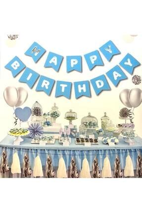 Mavi Üstüne Gümüş Gri Yaldızlı Happy Birthday Yazılı Doğum Günü Partisi Karton Ipli Yazı Banner TYC00320487653