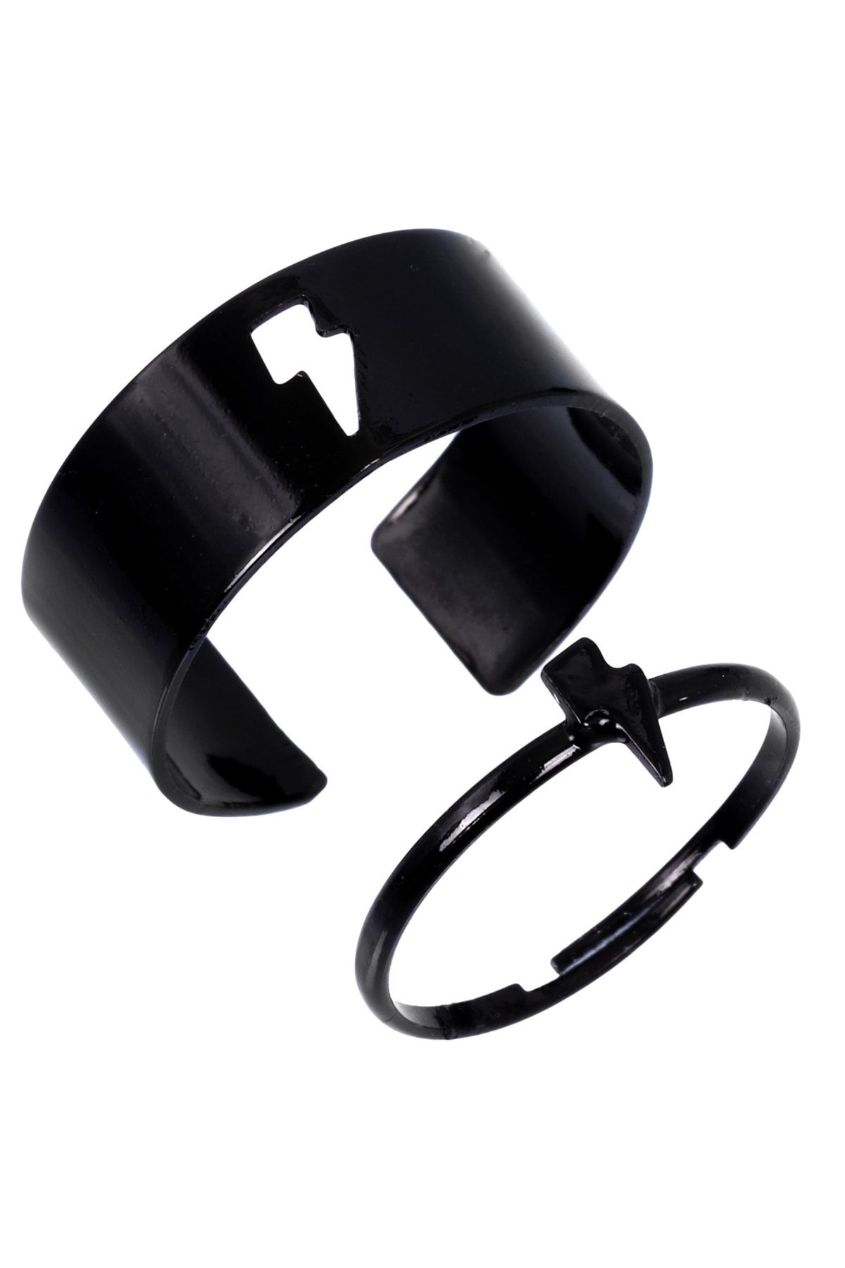 LABALABA-Black Color Plated Adjustable Pair of 2 Rings with Lightning Figure 1