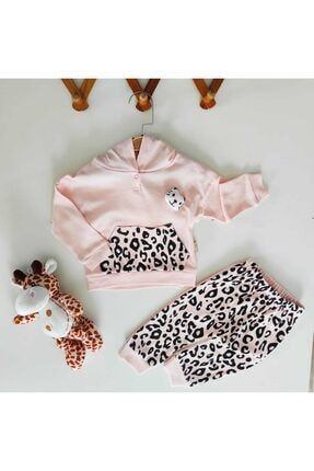 Kız Bebek Somon Leopar Desenli Oyuncak Kedi Detaylı Kapüşonlu Alt Üst Bebek Takımı Cat1