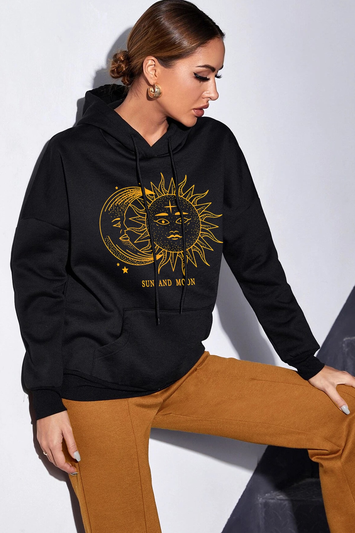 Kadın Siyah Sun And Moon Oversize Kapüşonlu Kanguru Sweatshirt