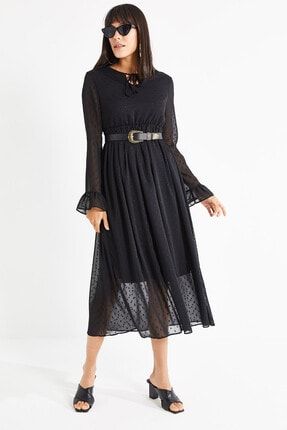 Kadın Uzun Kol Ponpon Detaylı Piliseli Şifon Elbise 2300-thl 2300-THL
