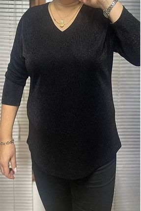 Kadın Büyük Beden Siyah Simli V Yaka Arka Düz Siyah Uzun Kollu Bluz Lm2070 LM2070