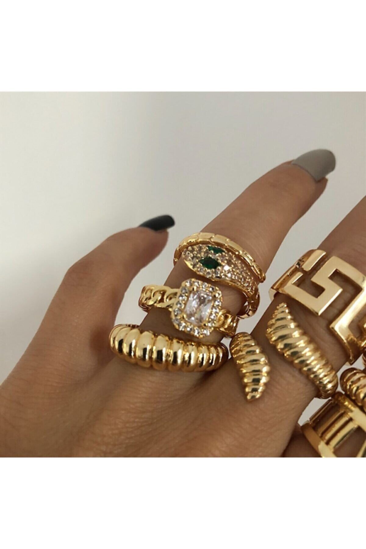 Altın Kaplama Ayarlanabilir Yılan Detay Zirkon Taş Yüzük Gold