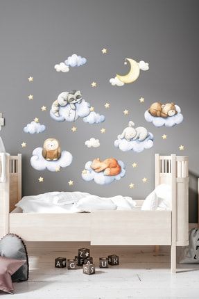 Minik Uykucu Hayvanlar - Mavi Çocuk Odası Duvar Sticker Seti SIM374