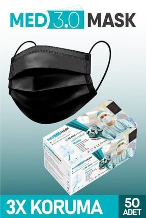 3 Katlı Halka Lastikli Telli Medikal Maske- Siyah - RCHL05
