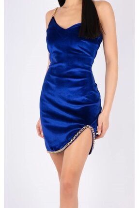 Kadın Omuz Ve Eteği Zincir Detaylı Tek Omuz Kadife Elbise Saks Mavisi EVH004
