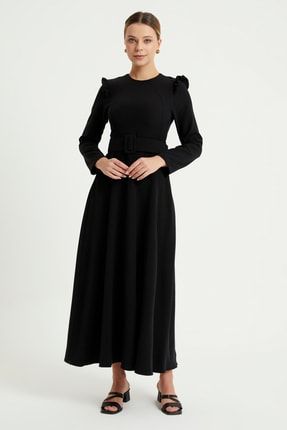 Omuz Fırfırlı Kemerli Elbise - Siyah ZRFTST659