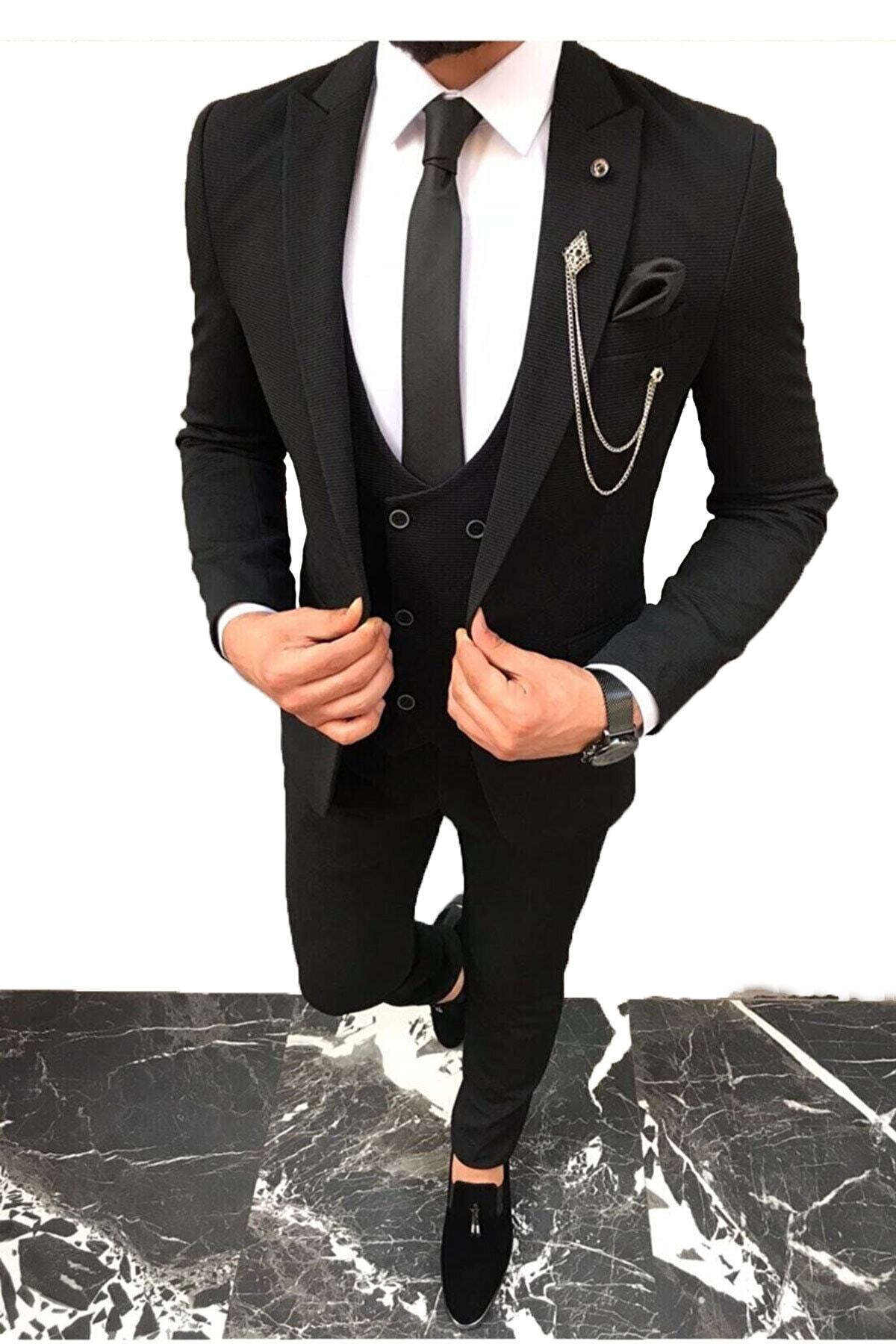 Dacfashion Erkek Dar Kesim Yelekli Takım Elbise (yaka Süsü Ve Kravat Hediye)