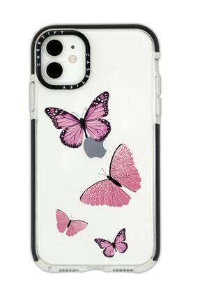 Iphone 11 Casetify Pembe Kelebekler Desenli Anti Shock Premium Silikonlu Siyah Kenar Detaylı Telefon pembekelebeklercstfy11