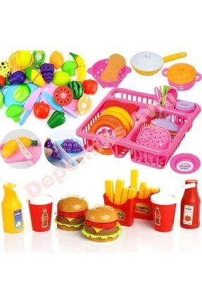 Barbie Oyuncak Bulaşıklık Tabak Tencere Hamburger Seti 20 Parça Kesilebilen Oyuncak Meyve Sebze Set hamburger seti222222212