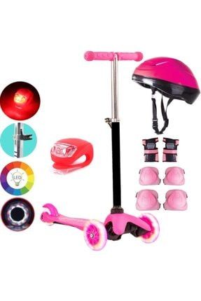 3 Tekerlekli Frenli Led Işıklı Boy Ayarlı Pembe Scooter Kask Dizlik Set Çakar Işık Led Scooter twist