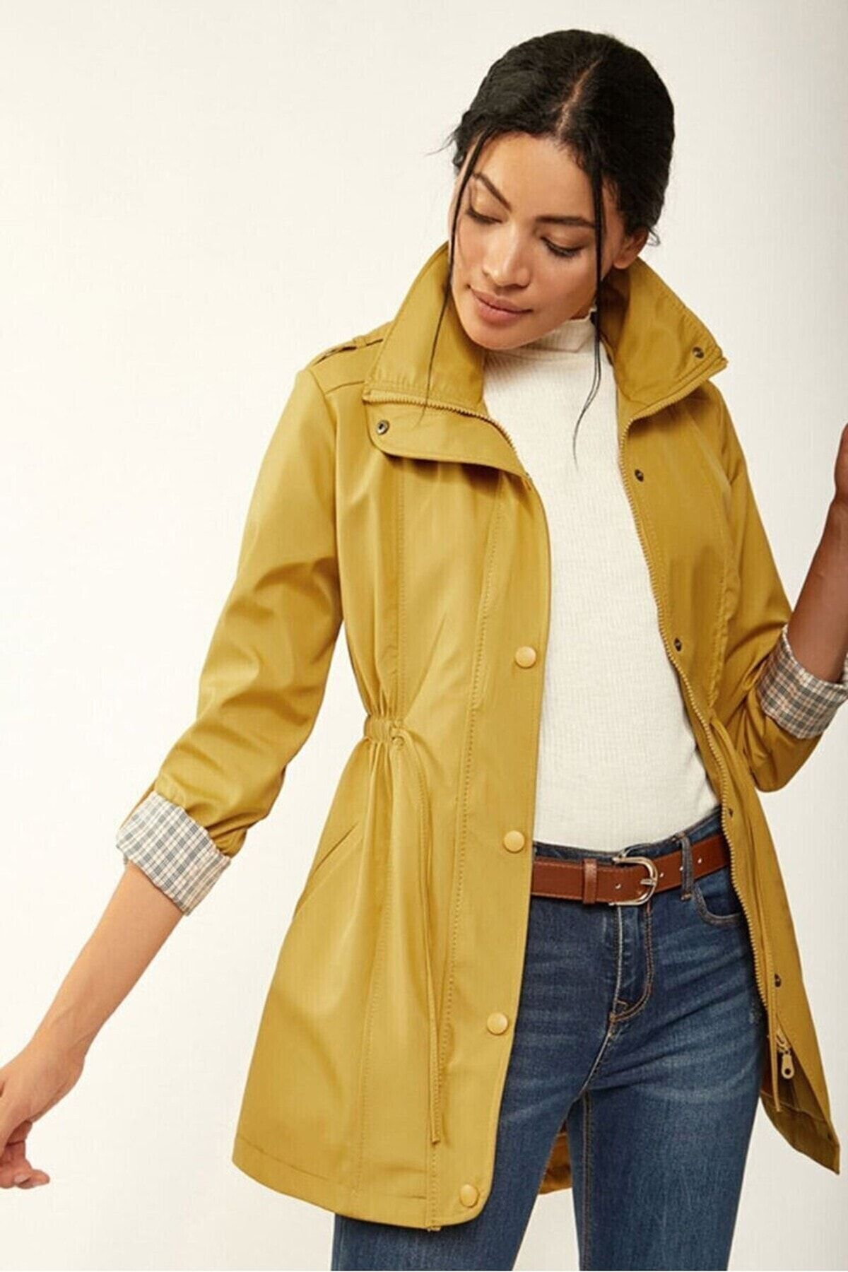 comstar Women s Short Plain Patterned Trench Coat with Gathered Waist