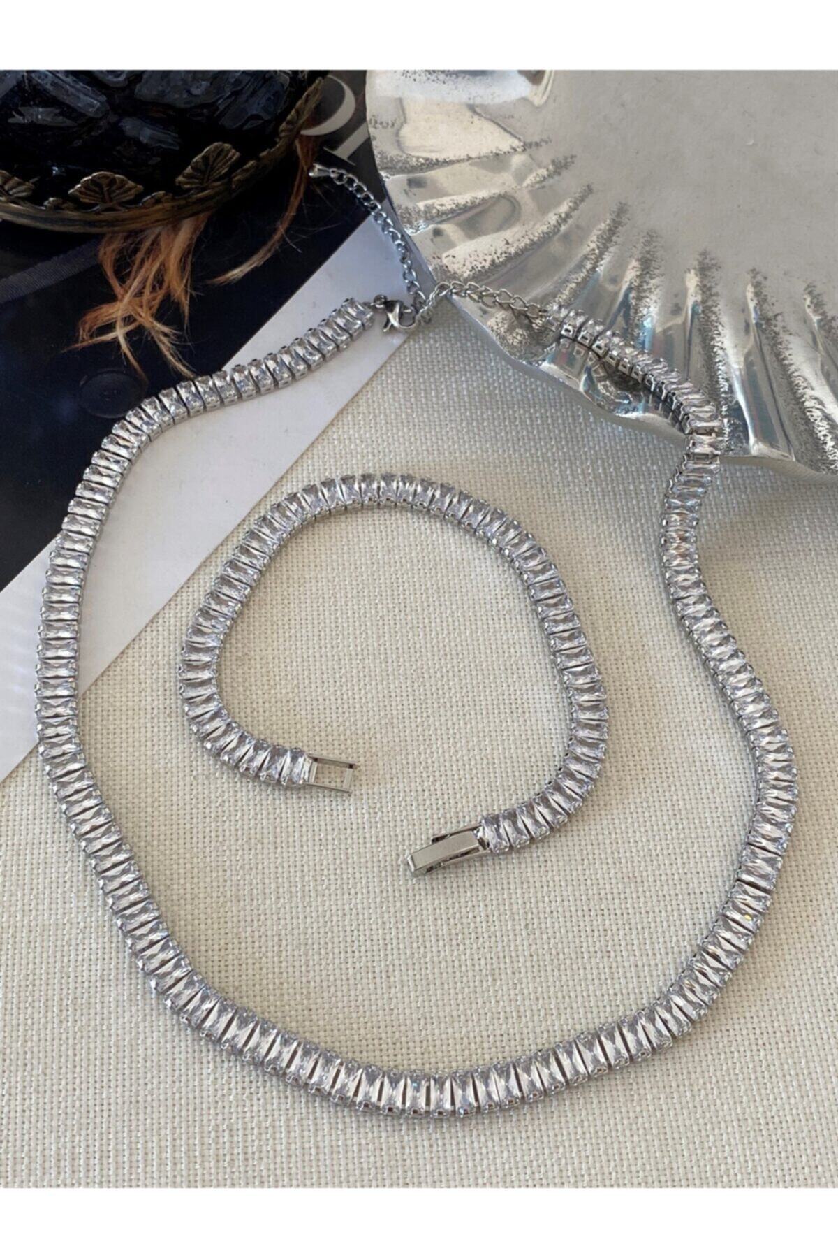 NGM Lüks Su Yolu Gümüş Kaplama Baget Taşlı Kolye Ve Bileklik Seti