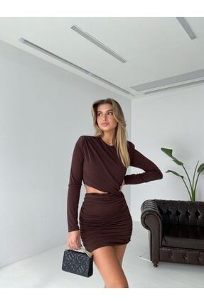 Kısa Kahverengi Elbise Vatkalı Bel Drapeli Mini Elbise DME1001