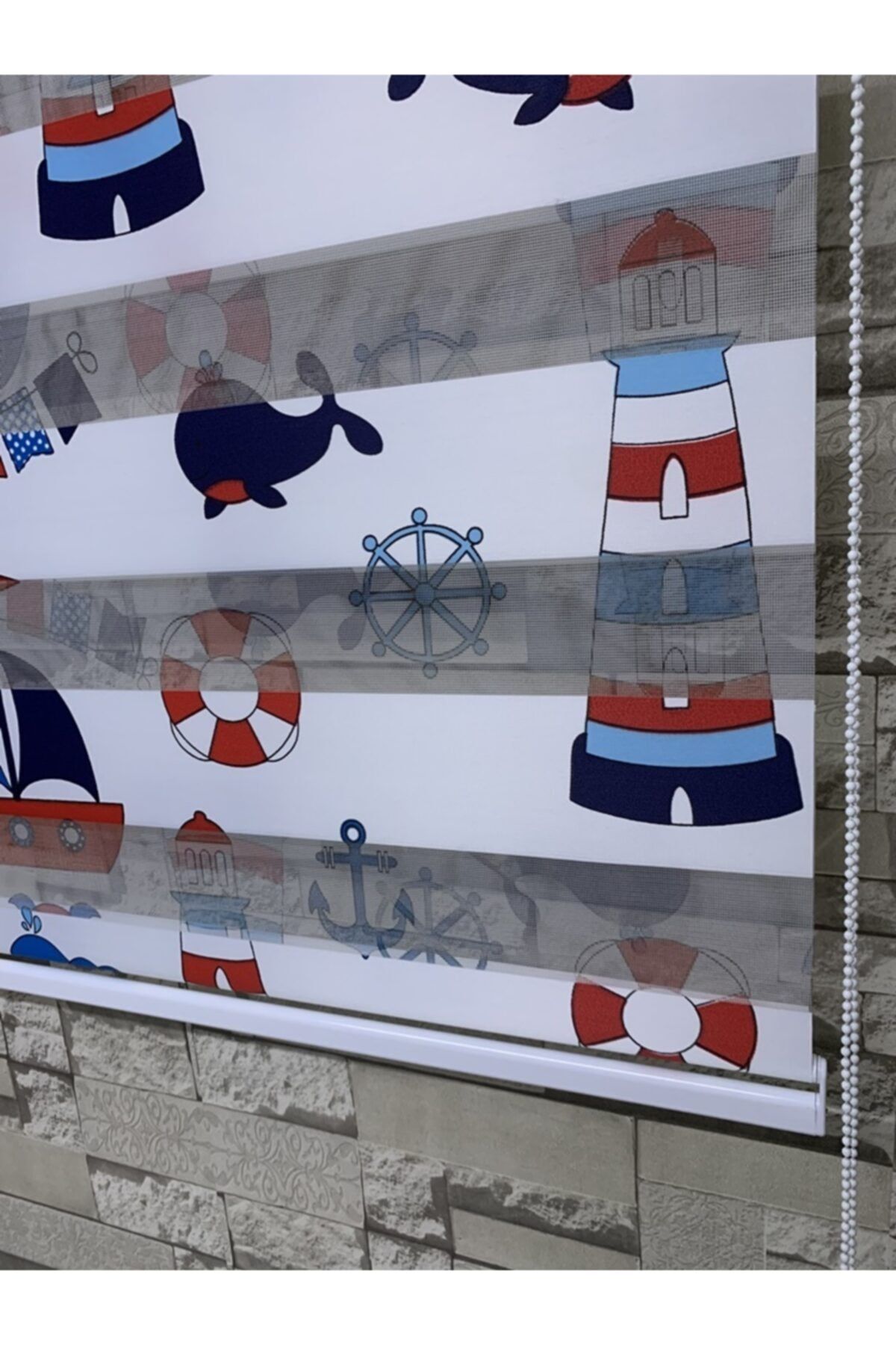 PERDECİNİZ-Blue Lighthouse Printed Zebra Curtain (Set Flat Plain) 4