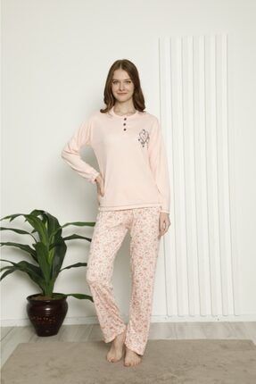 Kadın Üç Düğmeli Kalp Nakışlı Pijama Takımı Yavruağzı WGK-0099