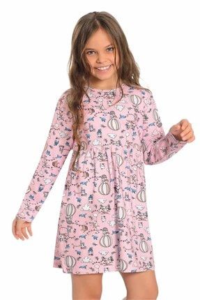 Pembe Uzun Kollu Büzgülü Kız Çocuk Elbise LF17014
